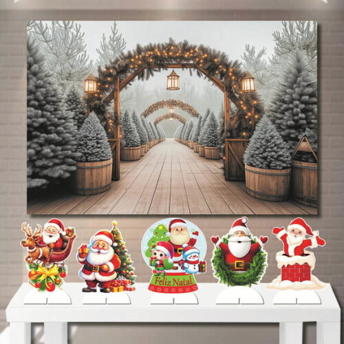 Painel Decoração Mega 1,5x1,0m e Kit Totem de Mesa Natal