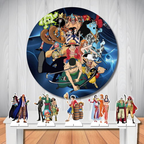 Painel Redondo de Aniversári e Kit Totem de Mesa One Piece