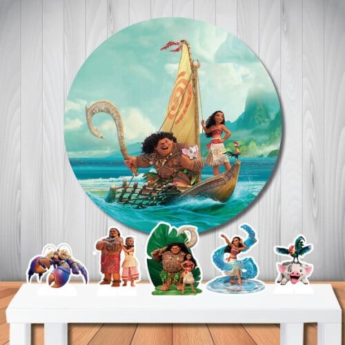 Cenário de Festa Moana Painel Redondo e Kit Totem Mesa