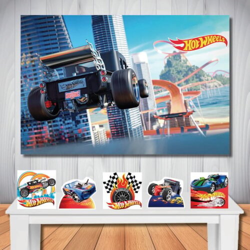 Decoração Painel de Festa Hot Wheels e Kit Display de Mesa