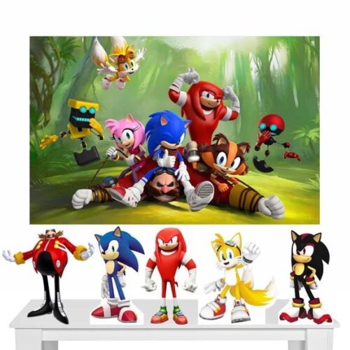 Kit Cenário Festa Sonic - Painel em Lona e 5 Displays