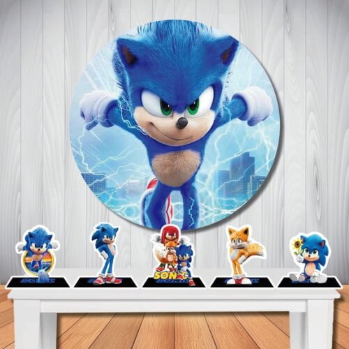 Kit Cenário Sonic Filme Painel Redondo e Display de Mesa