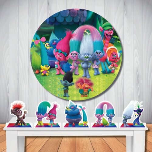 Kit Cenário Trolls Painel Redondo Infantil e Display de Mesa