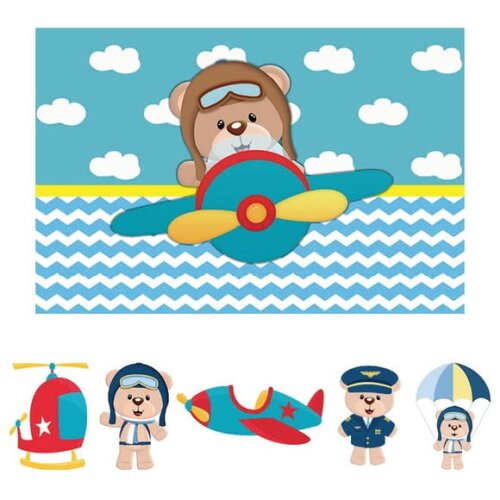 Kit Cenário Ursinho Aviador - Painel em Lona e 5 Displays