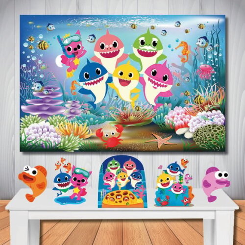 Kit Decoração Baby Shark, Painel de Festa e Display de Mesa