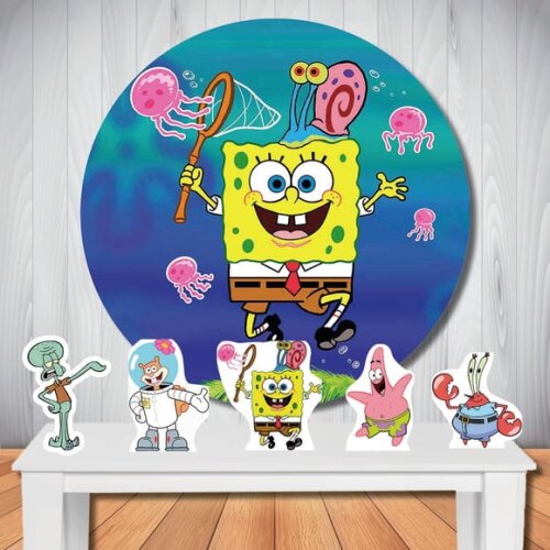 Kit Festa Bob Esponja Painel Redondo e Totem de Mesa