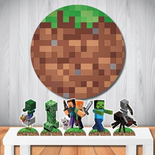 Kit Festa Cenário Minecraft Painel Redondo e Totem de Mesa