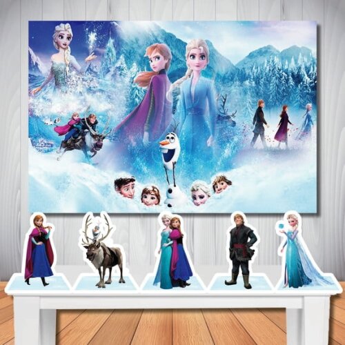 Kit Festa Frozen Painel Infantil 1,50x1,00m e Totem de Mesa