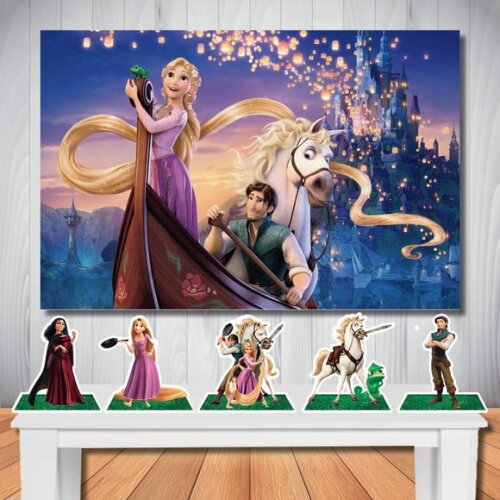 Kit Festa Rapunzel Enrolados Painel Infantil e Display Mesa