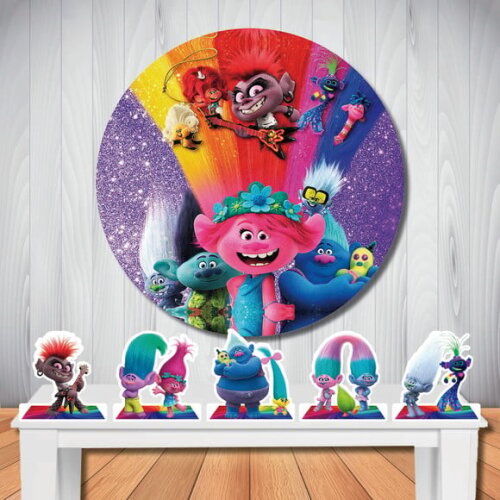 Kit Festa Trolls 2 - Painel Cenário Redondo e Totem de Mesa