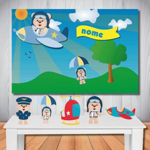 Kit Ursinho Aviador, Painel de Aniversário e Totem de Mesa