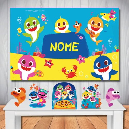 Kit Cenário Festa Baby Shark - Painel em Lona e 5 Displays