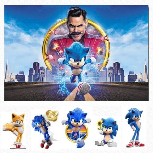 Kit Cenário Festa Sonic Filme - Painel em Lona e 5 Displays