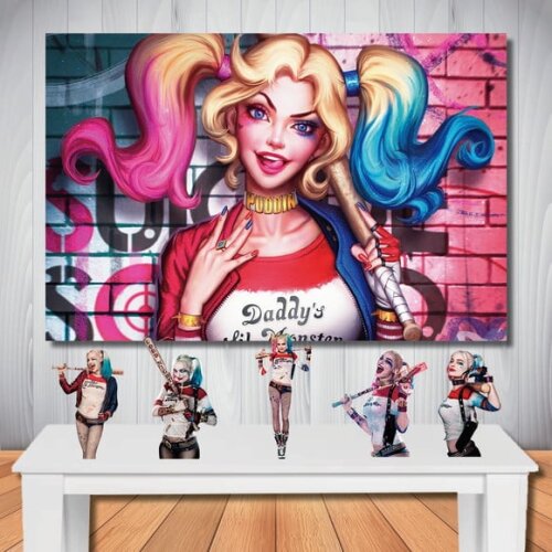 Kit Decoração Arlequina, Painel de Festa e Totem de Mesa