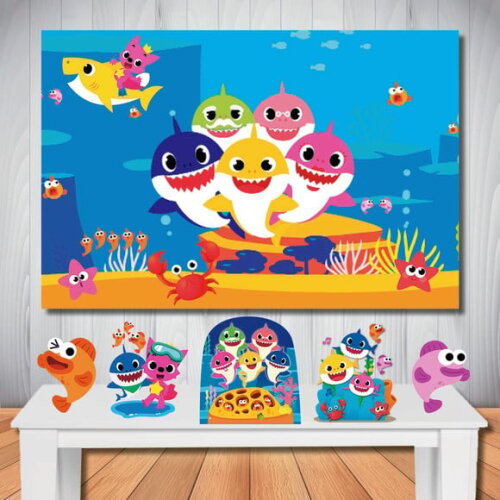 Kit Decoração Baby Shark, Painel de Festa e Display de Mesa