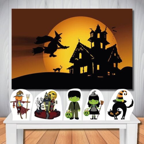 Kit Decoração Halloween Totem de Mesa e Painel de Festa