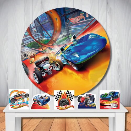 Kit Decoração Hot Wheels Painel Redondo e Display de Mesa
