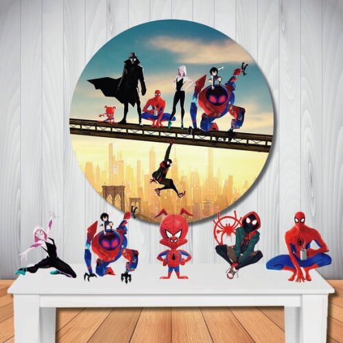 Kit Festa Aranhaverso Painel Redondo e Totem de Mesa