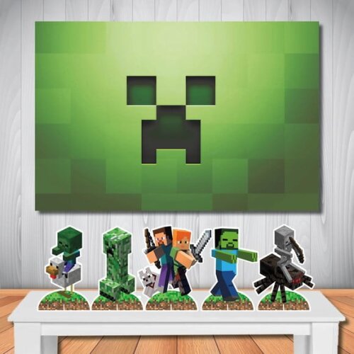 Kit Festa Cenário Minecraf Painel 1,5x1,0m e Display de Mesa