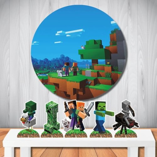 Kit Festa Cenário Minecraft Painel Redondo e Totem de Mesa