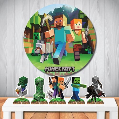Kit Festa Minecraft Painel Redondo e Totem de Mesa