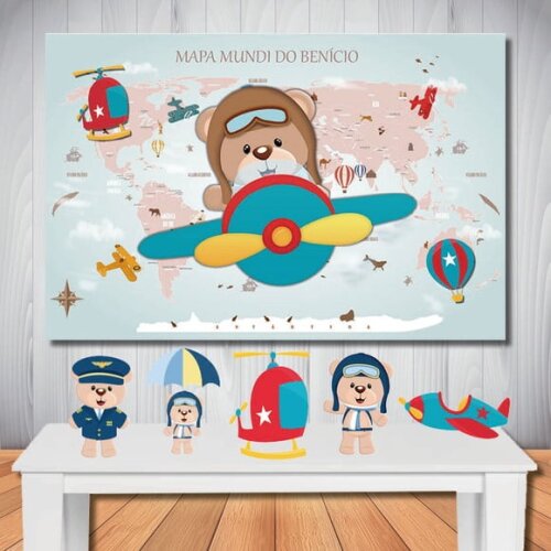 Kit Ursinho Aviador, Painel de Aniversário e Totem de Mesa