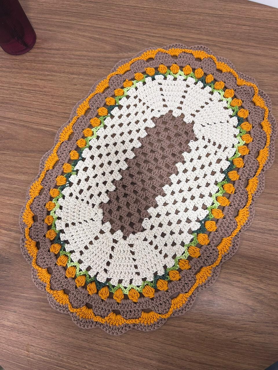 Conjunto de Passadeira e Tapete de Crochê Oval | Marrom, Laranja