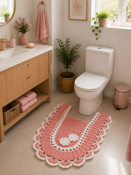 Conjunto de Crochê Redondo para Banheiro | Rosa e Branco
