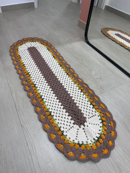 Conjunto de Passadeira e Tapete de Crochê Oval | Marrom, Laranja
