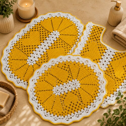 Kit Banheiro Crochê 4 Peças | Amarelo e Branco