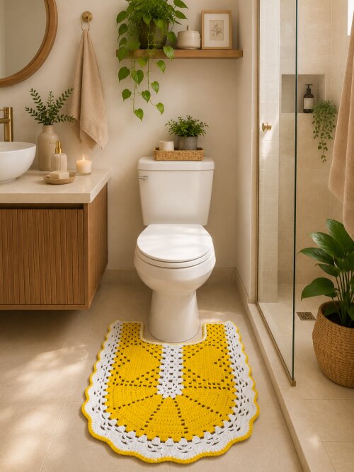 Kit Banheiro Crochê 4 Peças | Amarelo e Branco