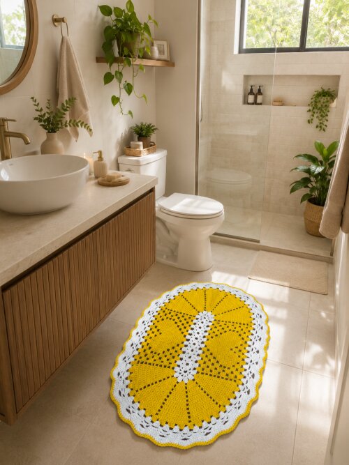 Kit Banheiro Crochê 4 Peças | Amarelo e Branco