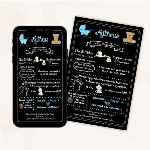 Convite Digital Chá de Bebê Menino Chalkboard