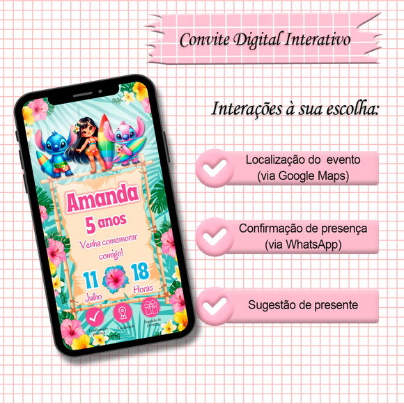 Convite Interativo Lilo, Stitch e Angel