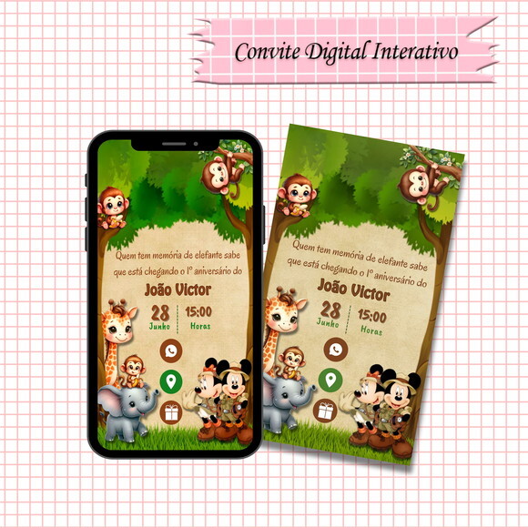 Convite Interativo Mickey e Minnie Safari