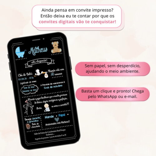 Convite Digital Chá de Bebê Menino Chalkboard