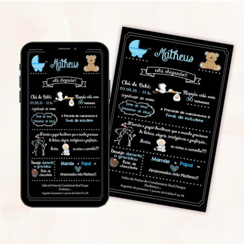 Convite Digital Chá de Bebê Menino Chalkboard