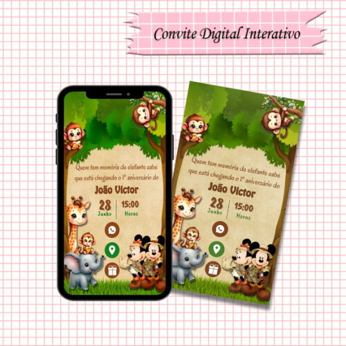 Convite Interativo Mickey e Minnie Safari