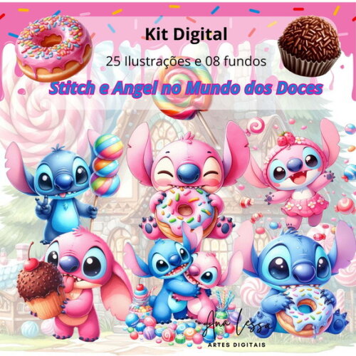 Kit Digital Stitch e Angel no Mundo dos Doces