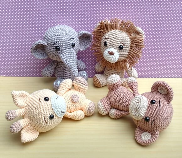 Combo Safári Leão Jujuba-elefante-girafa-macaco Amigurumi