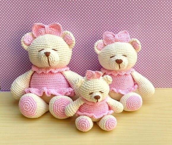 Trio Ursinhas Charlote Olhos Bordados Amigurumi