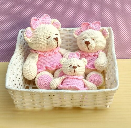 Trio Ursinhas Charlote Olhos Bordados Amigurumi
