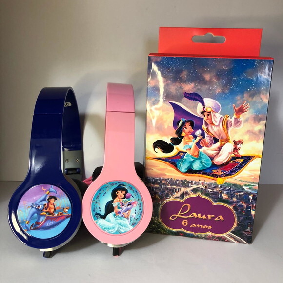 Kit 20 Unid Alladin e Jasmine Fones Caixinha Personalizados