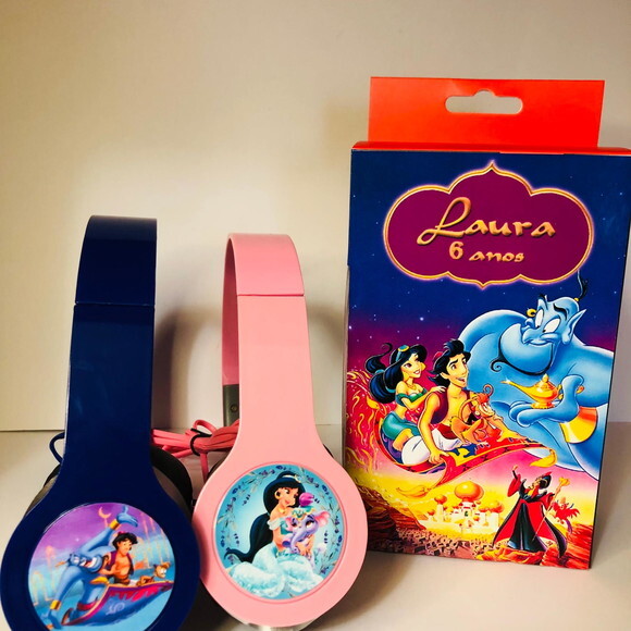 Kit 20 Unid Alladin e Jasmine Fones Caixinha Personalizados