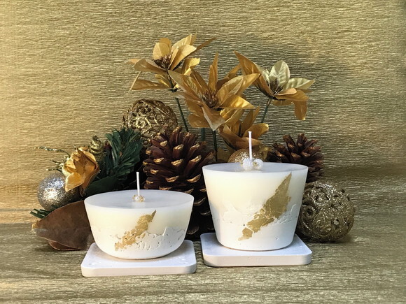 Kit Vela-cimento Branco/cera de Soja/decorada/folha de Ouro