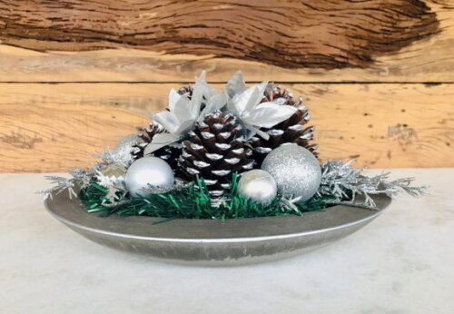 Arranjo de Natal Oval Chumbo e Prata - 31x26,5x13cm