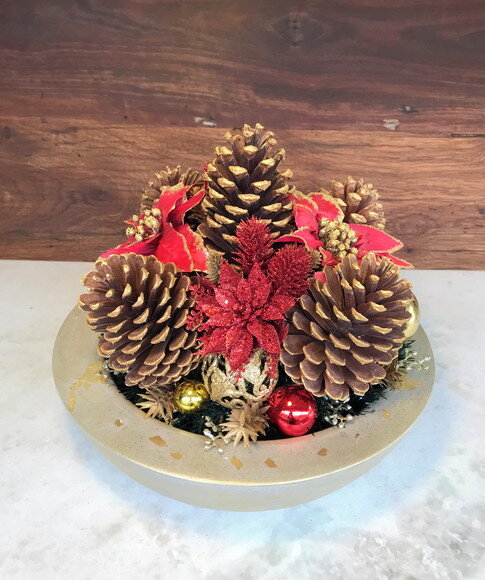 Arranjo/centro de Mesa Natal Dourado e Vermelho C/base Ø34cm