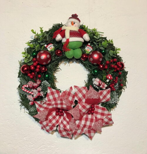 Guirlanda Natalina com Flores Xadrez e Papai Noel Ø46cm
