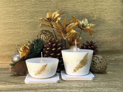 Kit Vela-cimento Branco/cera de Soja/decorada/folha de Ouro
