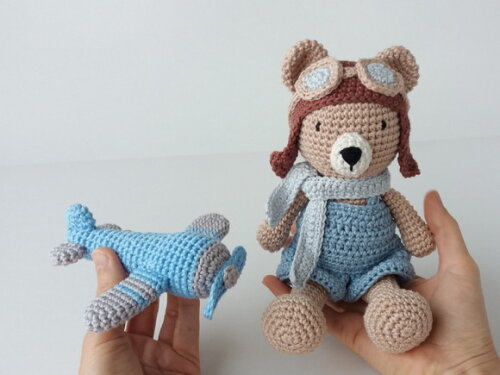 Ursinho Aviador + Avião - Amigurumi
